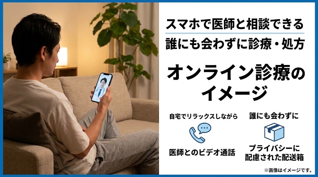 スマートフォンを使って自宅から誰にも会わずに医師のオンライン診療を受ける男性のイメージ