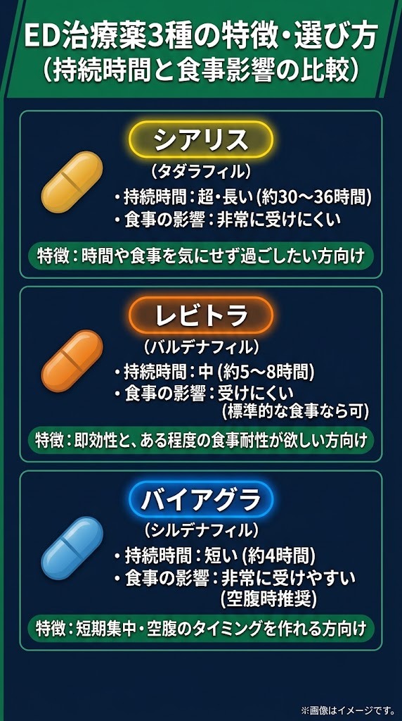 バイアグラ・シアリス・レビトラ（ED治療薬3種）の持続時間と食事の影響に関する特徴比較図