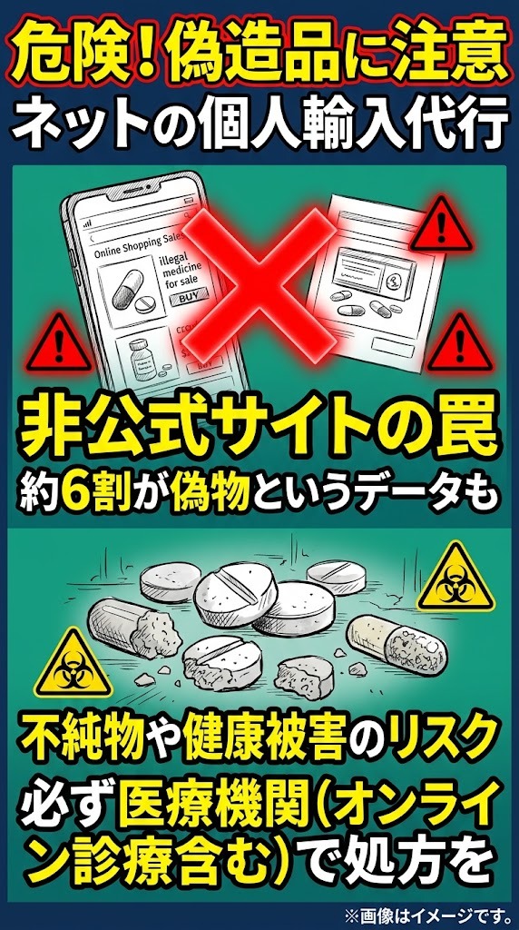 インターネット上の個人輸入代行や非公式サイトで流通するED治療薬の偽造品による健康被害への注意喚起