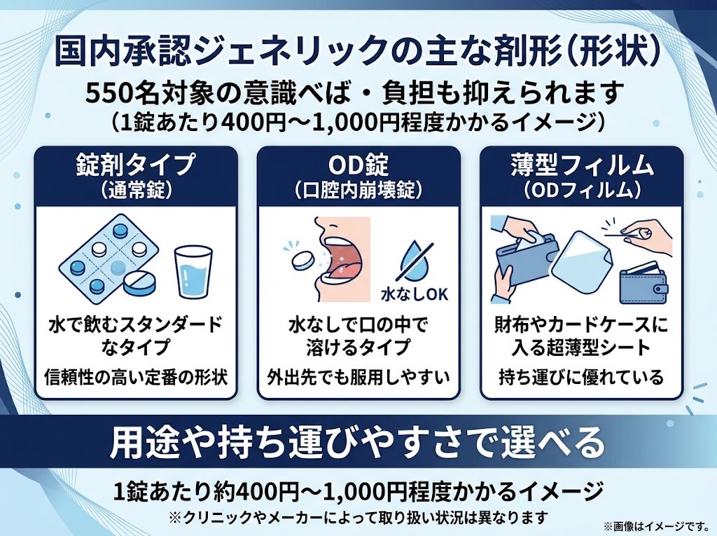 国内承認シルデナフィルジェネリックの剤形（通常錠・OD錠・薄型フィルム）の特徴比較
