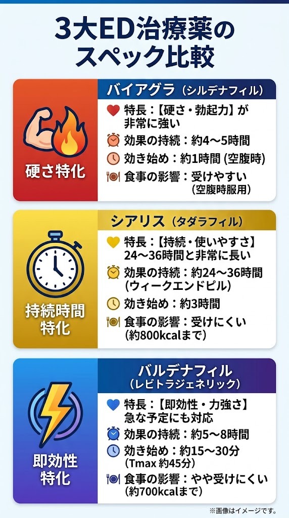 バイアグラ、シアリス、バルデナフィル（レビトラジェネリック）の硬さ・持続時間・即効性スペック比較表