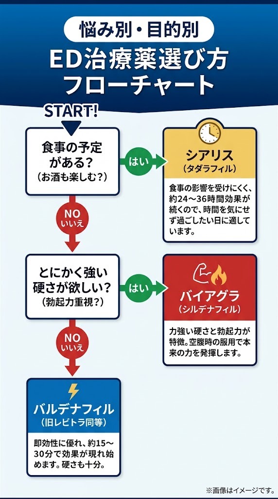 食事の予定や硬さ・即効性など目的別に自分に合うED治療薬がわかる選び方フローチャート
