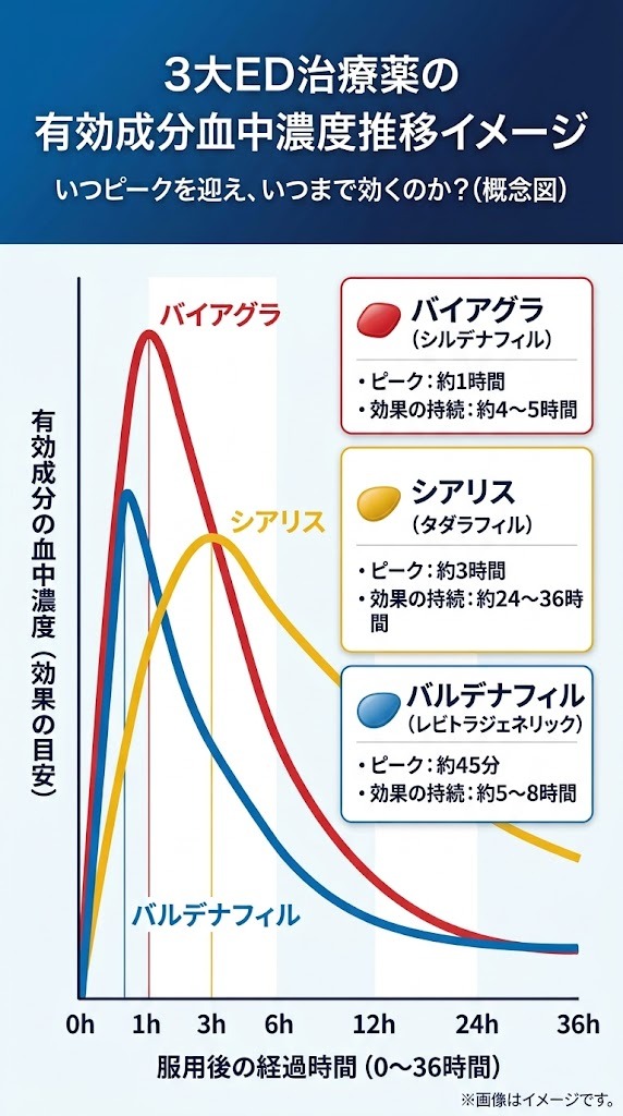 ED治療薬3種（バイアグラ・シアリス・バルデナフィル）の最高血中濃度到達時間（Tmax）と効果持続時間の推移グラフ