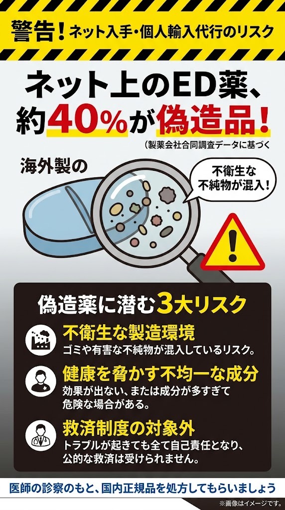 インターネットや個人輸入代行で流通する海外製ED治療薬の約4割が偽造品であるという調査データと健康リスク