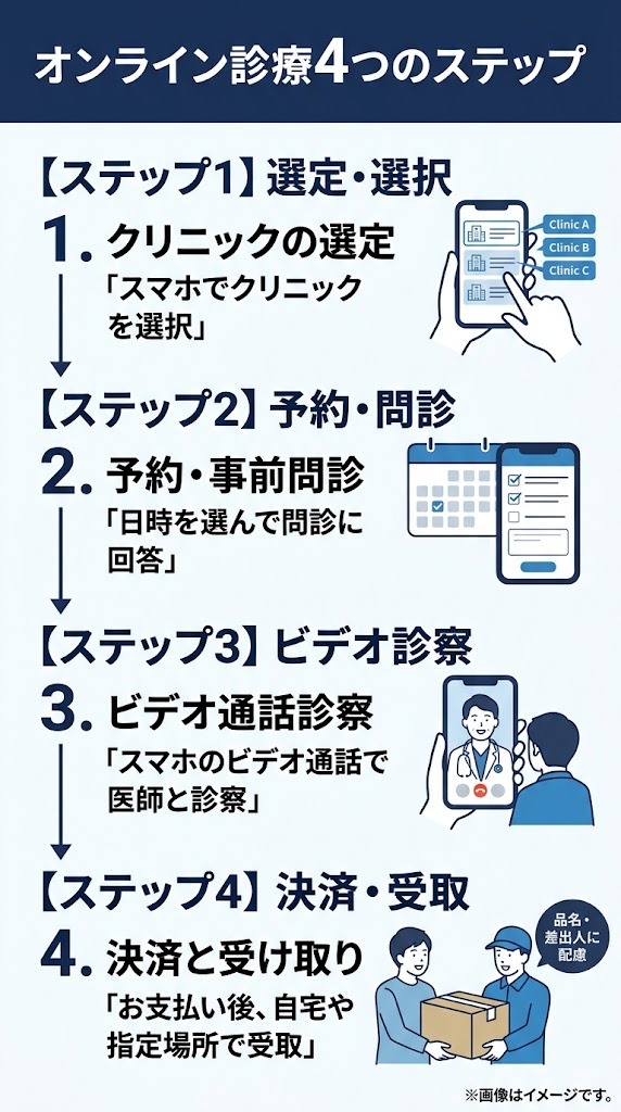 スマートフォンを使用したオンライン診療の選定・予約・ビデオ通話診察・決済受け取りまでの4ステップフロー図