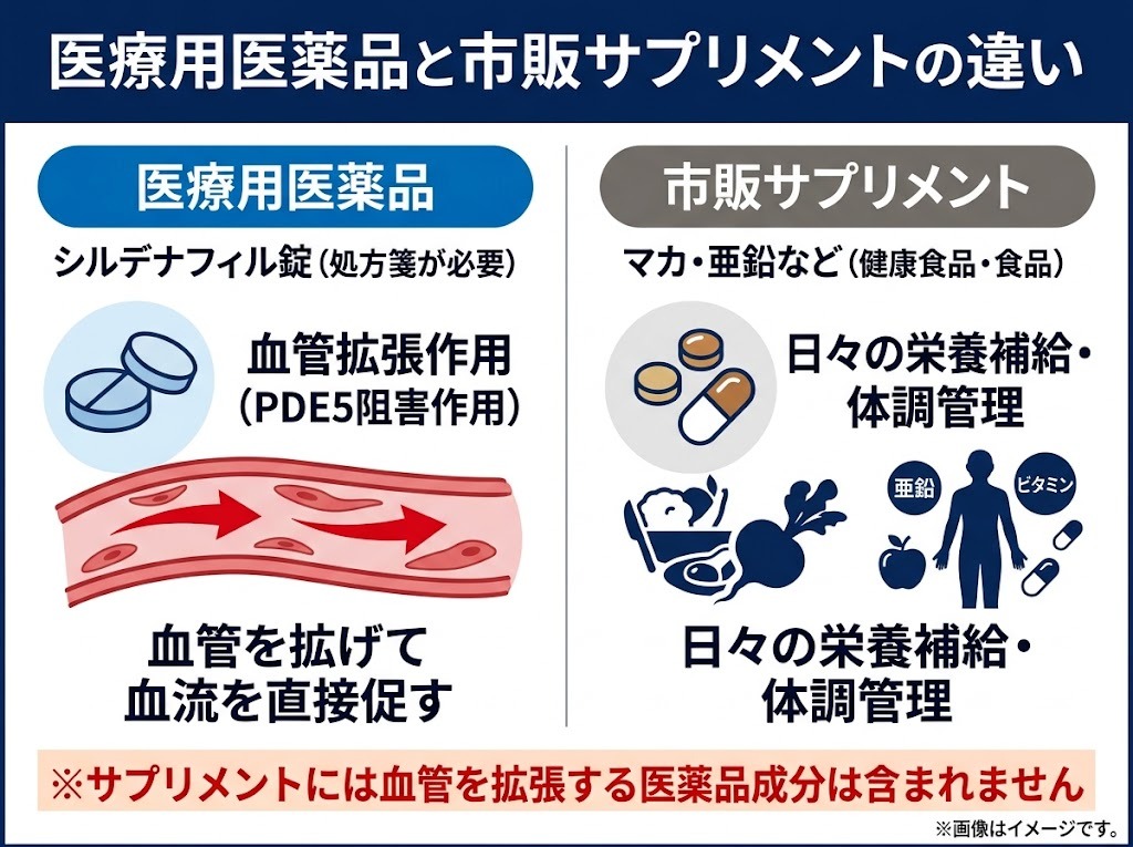 医療用ED治療薬シルデナフィルと市販精力サプリメントの成分・血管拡張作用の違い